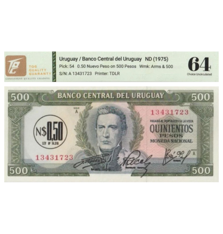 0.50 Nuevos Pesos de Uruguay Pick #54a 1975 - Certificado TQG 64